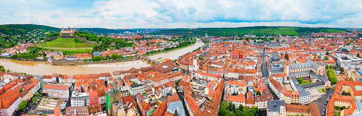 Main river and Wurzburg old town aerial panoramic view. Wurzburg or Wuerzburg is a city in Franconia region of Bavaria state, Germany.