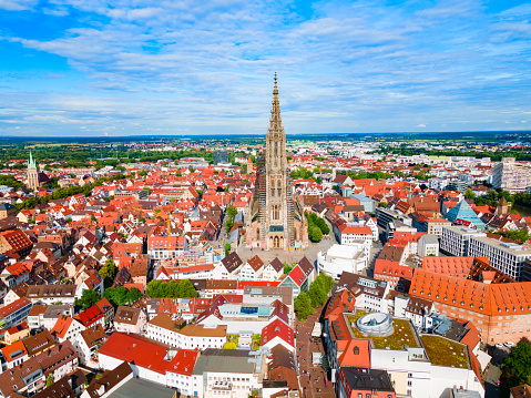 Ulm Minster or Ulmer Munster Cathedral aerial panoramic view, a Lutheran church located in Ulm, Germany. It is currently the tallest church in the world.