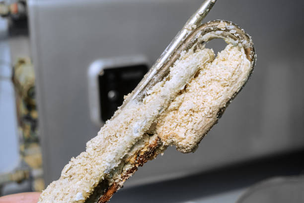 istock Heating element of an electric water heater with a rusty anode and a tube covered with scale close up 1682447211