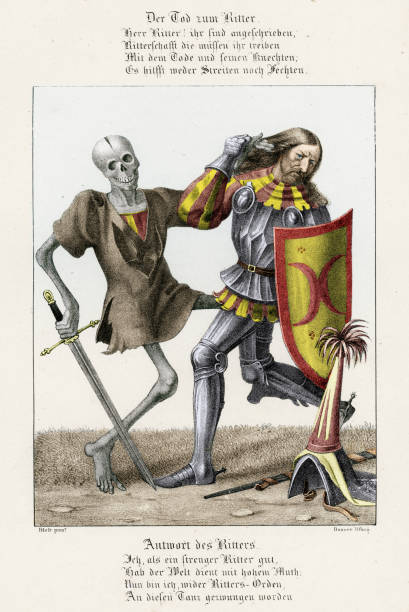 Dance of Death - The Knight Very rare vintage engraving from 1840 showing a seen from the Dance of Death, as the grim reaper comes for the knight. The Dance of Death or Danse Macabre is an artistic genre of late medieval allegory on the universality of death gothic art stock illustrations
