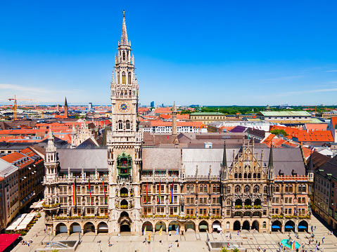 Low angle view of Marienplatz, The New Town Hall (Neues Rathaus) at night in Munich, Germany.