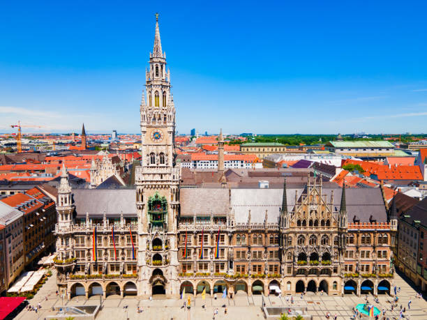 Marienplatz aerial panoramic view in Munich city, Germany New Town Hall aerial panoramic view. New Town Hall or Neues Rathaus is located at the Marienplatz or St. Mary square, a central square in Munich city centre, Germany. munich city hall stock pictures, royalty-free photos & images