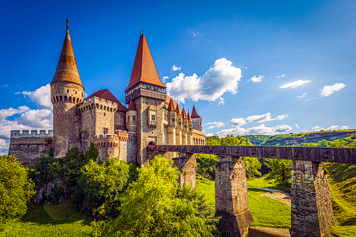 Corvin castle or Hunyad during a beautiful summer day. Photo taken on 8th of July 2023 in in Hunedoara, Transylvania region, Romania.