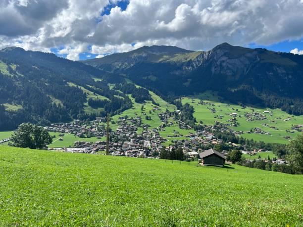 vista al pueblo de lenk im simmental - lenk im simmental fotografías e imágenes de stock