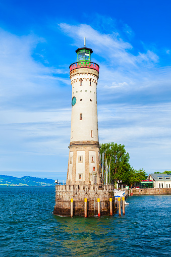 New Lindau Lighthouse in the Lindau harbor. Lindau is a major town and island on the Lake Constance or Bodensee in Bavaria, Germany.