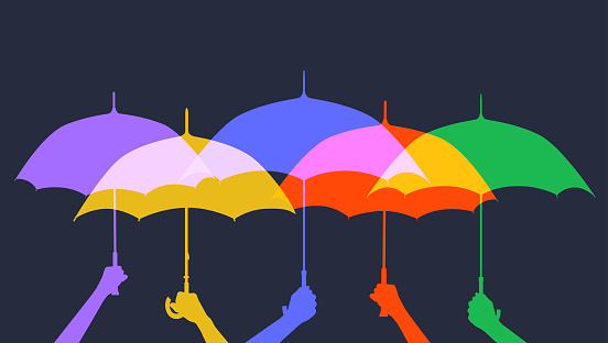 Colourful overlapping silhouettes of umbrellas suggesting protection. Umbrella, brolly, rain, storm, weather, dry, waterproof,  outdoors, storm, water, waterproof, protection, insurance,