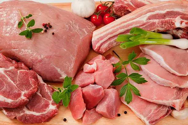 Photo of Raw cuts of pork meat on a wooden chopping board