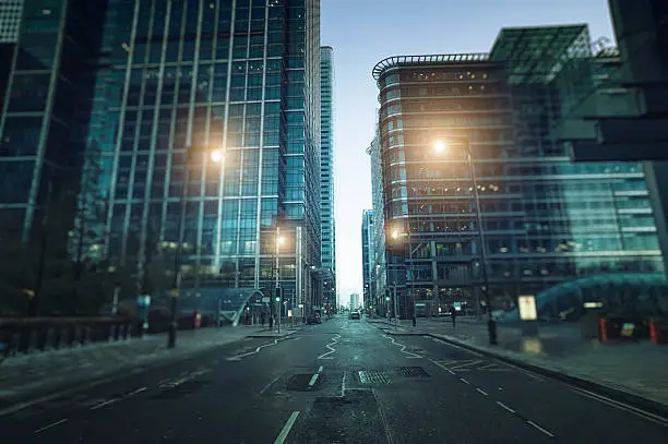 Photo of Contemporary financial district in Canary Wharf during twilight, London