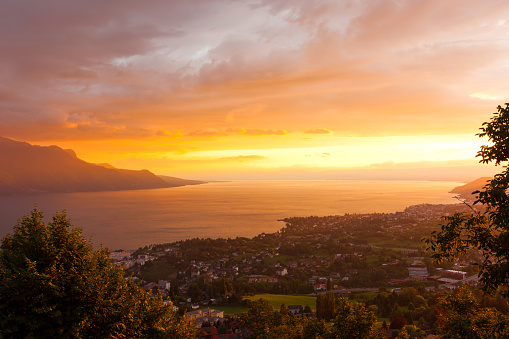 golden sunrise of Montreux and Lausanne city