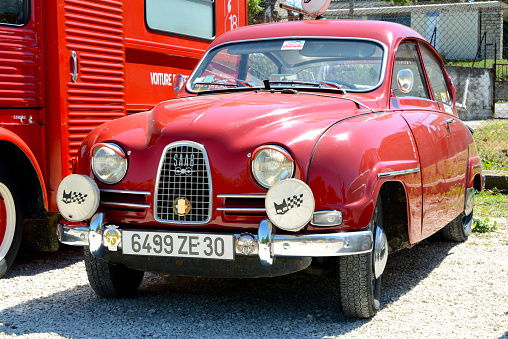 Barjac, France, 08-14-2013\nvintage Saab 93 B from the late 50ies at classic car show