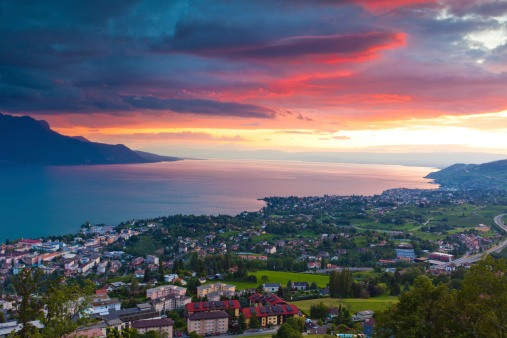 Sunrise over the cities of Montreux and Lausanne