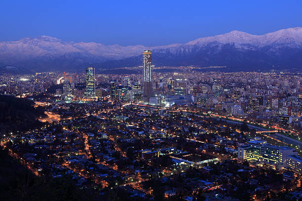 Overhead view of Santiago at dusk stock photo