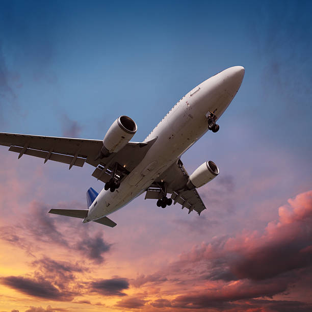 istock Airplane landing in sunset light 168247750