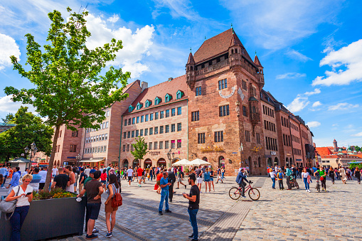 Nuremberg, Germany - July 10, 2021: Nassauer Haus is a medieval tower in Nuremberg old town. Nuremberg is the second largest city of Bavaria state in Germany.