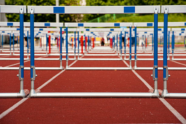 Hurdles ready for race Bottom view of hurdles ready for the 110 m race hurdle stock pictures, royalty-free photos & images