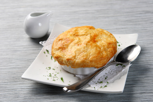 Chicken Pot Pie - Carrots, onion, mushrooms and peas simmered in cream sauce and baked in a pie crust.