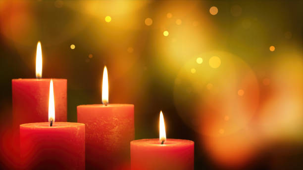 istock four red burning candles with shiny flames on bright abstract blurred background with space for text, merry christmas greeting card 1682498894