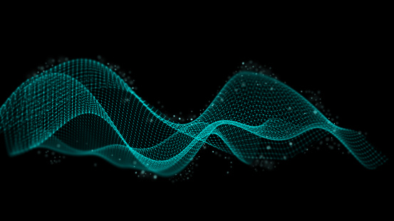 Wave of particles. Abstract background, wavy surface consisting of points - big data, 3D render
