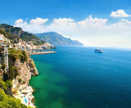 Panoramic view of the small town and the sea. Italy, Amalfi.  