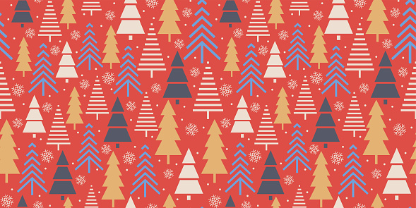 Festive pattern, Christmas trees. Forest on a red background.