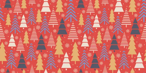 Vector illustration of Festive pattern, Christmas trees. Forest on a red background. Snow in the forest. Vector illustration.