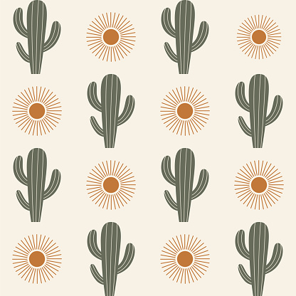 Seamless pattern of cacti with sun, sunny desert. Vector illustration for your design.