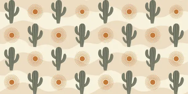 Vector illustration of Seamless pattern of cacti with sun, sunny desert. Vector illustration.