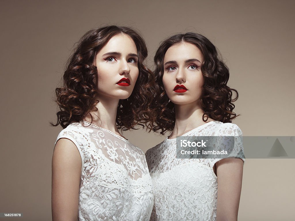 Beautiful twins Studio portrait of two beautiful twins. Professional make-up and hairstyle. High-end retouch. Twin Stock Photo