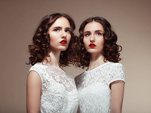 Beautiful twins Studio portrait of two beautiful twins. Professional make-up and hairstyle. High-end retouch. conformity photos stock pictures, royalty-free photos & images
