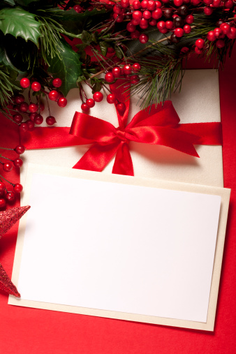 Blank Card with Christmas gift and Christmas ornaments. Copy Space & Selective Focus.