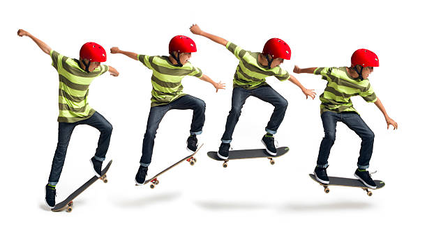 Boy Skateboarding on a White Background This is a series of four photos combined together to create a moving sequence of a 14 year old boy performing an ollie on a skateboard taken in the studio on a white background. skating photos stock pictures, royalty-free photos & images