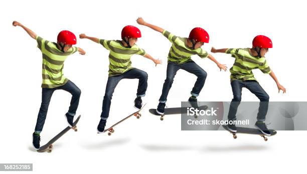 Boy Skateboarding On A White Background Stock Photo - Download Image Now - Skateboarding, Child, Multiple Image