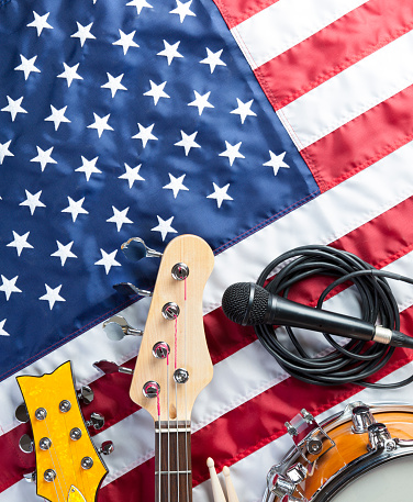 Concept for American music with instruments and USA flag. Or 4th of July rock party poster or invitation