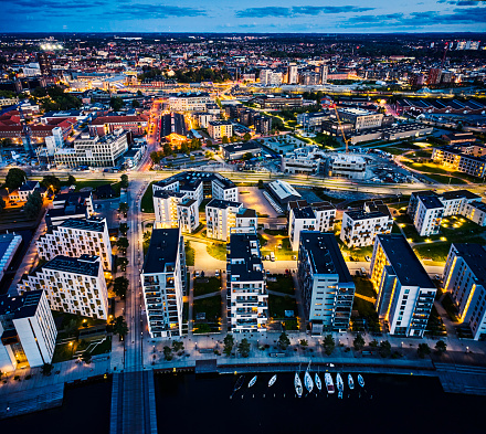 Odense city from drone point of view at night