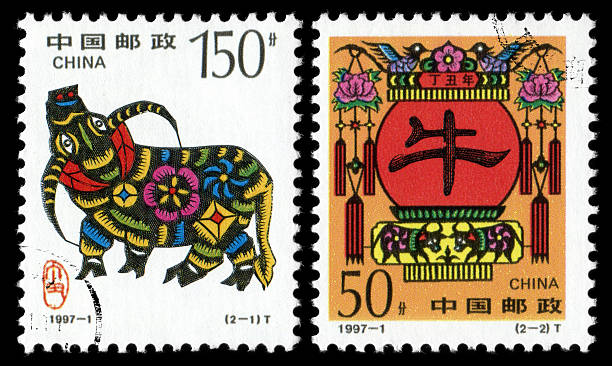 Year of the Ox (XXXL) China postage stamp: 1997 Lunar Year of the Ox.The Ox (牛), is one of the 12-year cycle of animals which appear in the Chinese zodiac. chinese postage stamp stock pictures, royalty-free photos & images