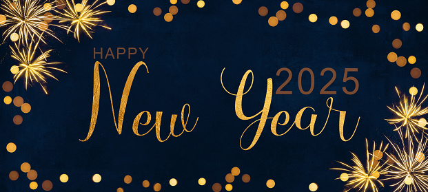 Happy New Year 2025 New Year's Eve Sylvester celebration holiday greeting card with text - Frame made of gold bokeh lights and golden firework on dark blue night sky