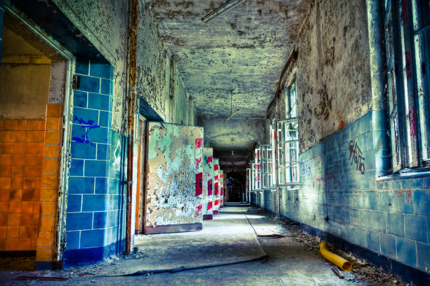 istock Ruined Corridor with Open Doors, Creepy Mood 168258102