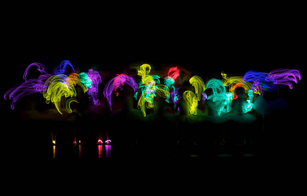 Light Dance A dark scene with the flames. Colorful light dances during night. There were lights of purple, yellow, green, red, mint, violet, orange. The patterns and the path they all draw are in total difference. The Light Dance you will not forget. glow stick stock pictures, royalty-free photos & images