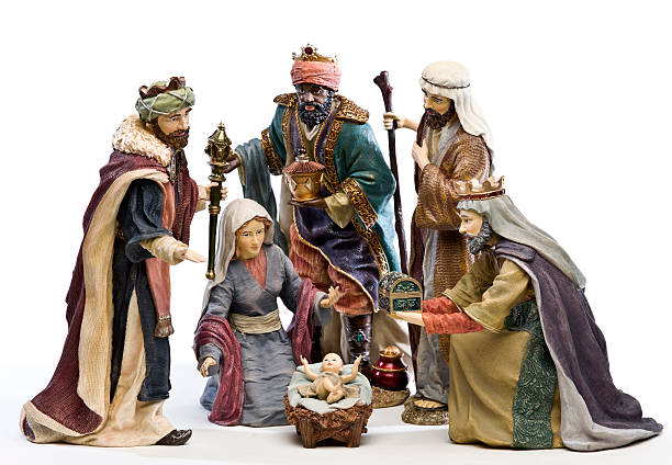Adoration (Nativity scene) Three wise men, virgin Mary, St Joseph and baby Jesus on white background (this picture has been taken with a super high definition Hasselblad H3D II 31 megapixels camera) saint joseph stock pictures, royalty-free photos & images