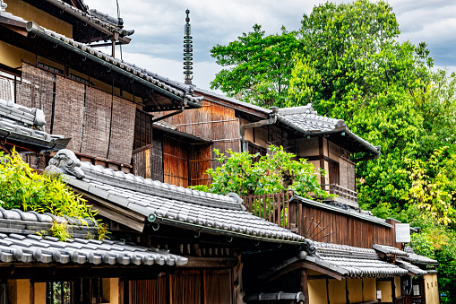 The traditional Japanese architecture, with its somber lines and minimalistic approach combines wood with tiles and bricks. Attention to detail is extraordinary. Kyoto, Japan.