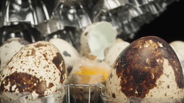 Quail eggs in a plastic packaging, one of them is cracked. Dolly slider extreme close-up.