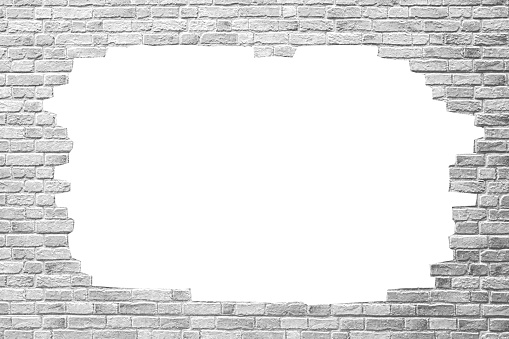 Brick wall with white hole, antique old grunge white and gray texture background.