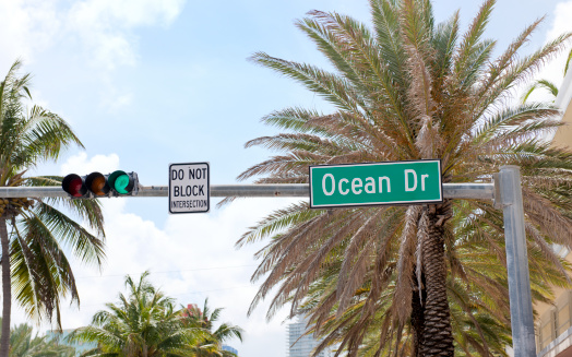 low angle close up on Ocean Drive street name sign, stoplight and palm treetop, South Beach Miami Florida USA