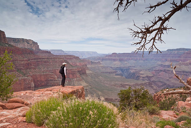 Young Woman Hiker Standing on the Canyon Rim A young woman hiker is standing on the canyon rim near O'Neil Butte in Grand Canyon National Park, Arizona, USA. jeff goulden flagstaff stock pictures, royalty-free photos & images