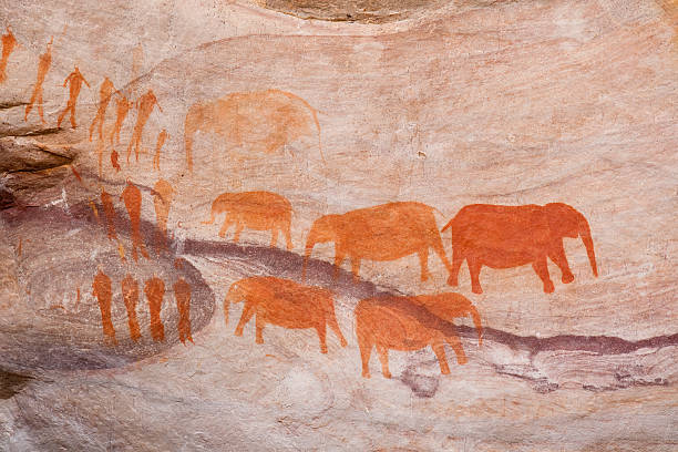 Bushman rock art in South Africa Pictures of elephants and humans painted in a cave in the Cederberg, South Africa, more than 1,000 years ago by the original Bushman residents of the region. cave painting photos stock pictures, royalty-free photos & images