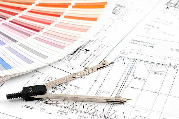 カラー見本、日曜大工、設計図、製図用コンパス - design color swatch plan painting ストックフォトと画像