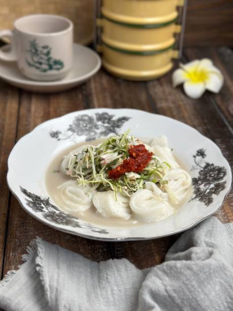 laksam ou arroz plano e macarrão especial em molho de peixe com molho de coco e peixe. servido com pasta de pimenta e legumes frescos como condimento. comida tradicional popular em kelantan, malásia - kipper dill prepared fish food - fotografias e filmes do acervo