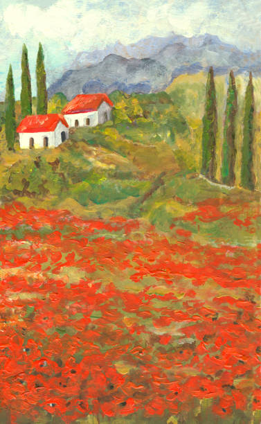 ilustraciones, imágenes clip art, dibujos animados e iconos de stock de pintura acrílica flores de amapola paisaje de toscana, italia - tuscany backgrounds italy textured