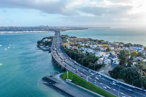 Medium traffic in the rush hour is seen on Auckland Harbour Bridge, Northern Motorway from N orth Shore