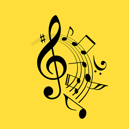 Music staff and musical notes swirl, abstract vector illustration over yellow background